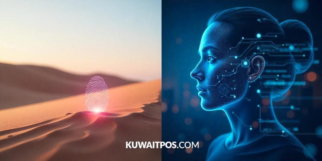 Face recognition vs. fingerprint biometric systems in Kuwait, featuring desert terrain, Kuwait City skyline, and KUWAITPOS.COM branding.