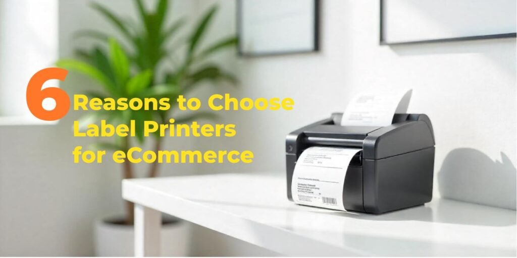 image og label printer on desk and text wrinter "6 reason for choose label printer for ecommerce"