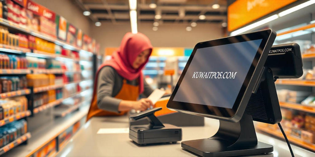 Modern POS system in a Kuwait retail store with KUWAITPOS.COM branding, featuring a touchscreen, barcode scanner, and efficient checkout.