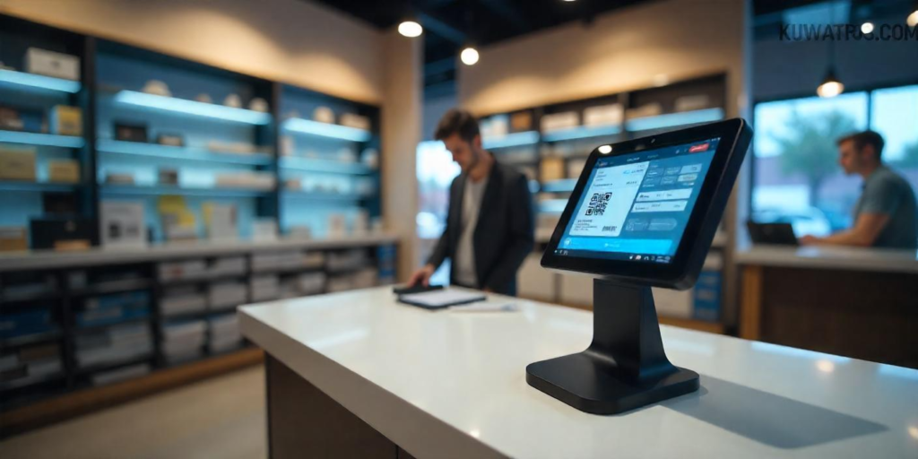 A barcode scanner reading a barcode on a product at a retail store checkout with "KUWAITPOS.COM" displayed.