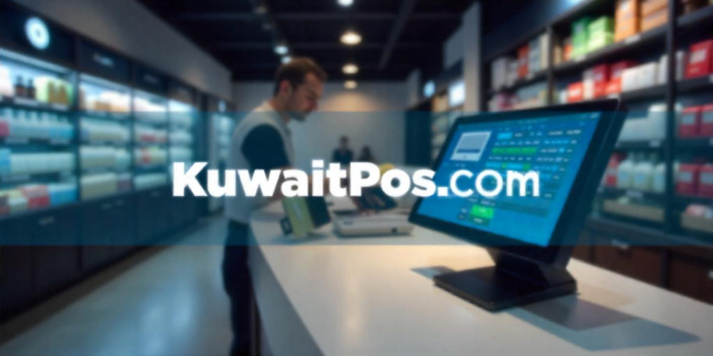 Modern POS system in a Kuwait retail store with contactless payment and "KUWAITPOS.COM" displayed.