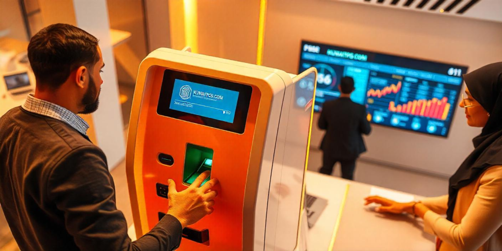 Employees using a biometric attendance machine with fingerprint and facial recognition, featuring KuwaitPOS.com branding.