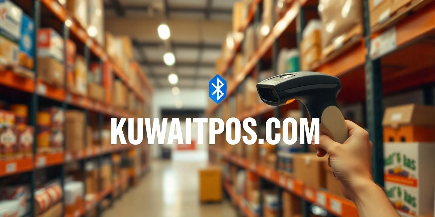 A Bluetooth barcode scanner in use at a retail store in Kuwait, highlighting wireless connectivity and efficiency. KUWAITPOS.COM branding is visible.