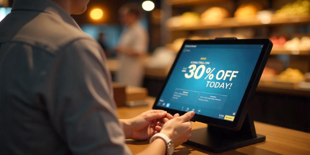 A modern POS system in Kuwait processing a discount transaction with "KUWAITPOS.COM" displayed on the screen.