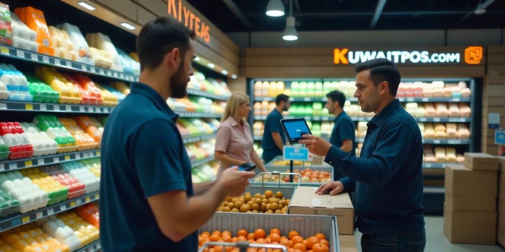 A supermarket in Kuwait using barcode scanning for food safety and inventory management, featuring KUWAITPOS.COM.