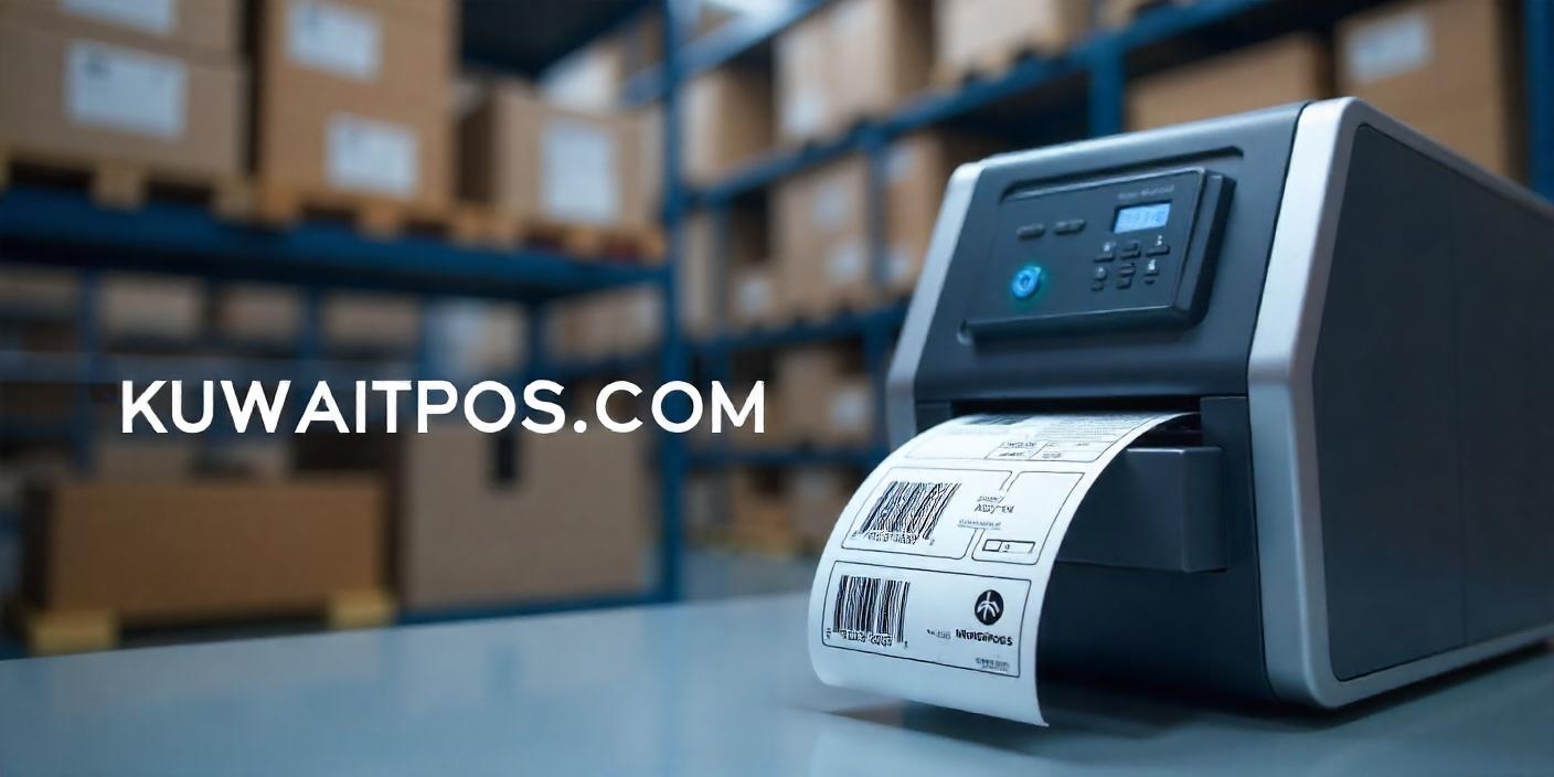 Industrial label printer printing barcode labels in a warehouse for efficient supply chain management in Kuwait.