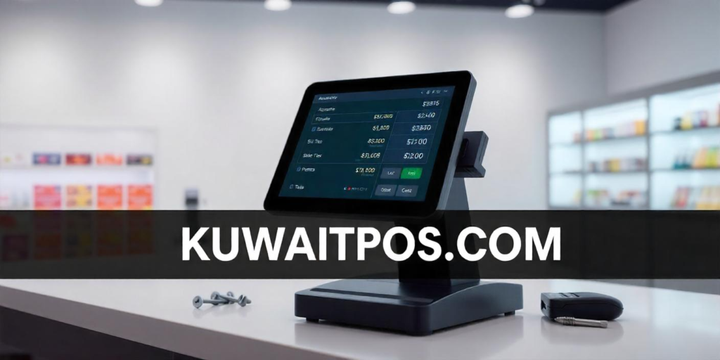 Modern POS system interface displaying accurate price calculation, inventory syncing, and promotions management with the text "KUWAITPOS.COM"