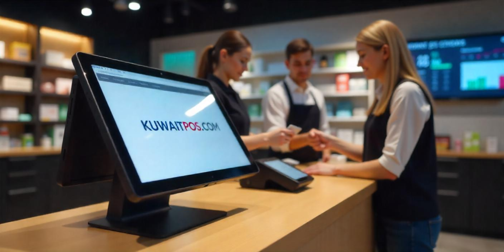 A sleek Point-of-Sale (PoS) system in a Kuwait retail store with a touchscreen, barcode scanner, and mobile PoS device, featuring "KUWAITPOS.COM."