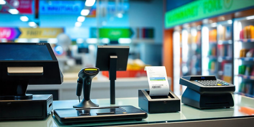 Image of essential POS hardware for retailers in Kuwait, featuring a POS machine, barcode scanner, receipt printer, cash drawer, and payment terminal with "KUWAITPOS.COM" displayed.