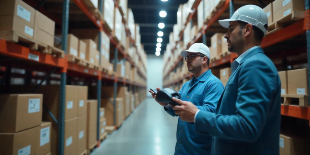 Workers in a Kuwait warehouse using RFID and barcode technology for inventory management.