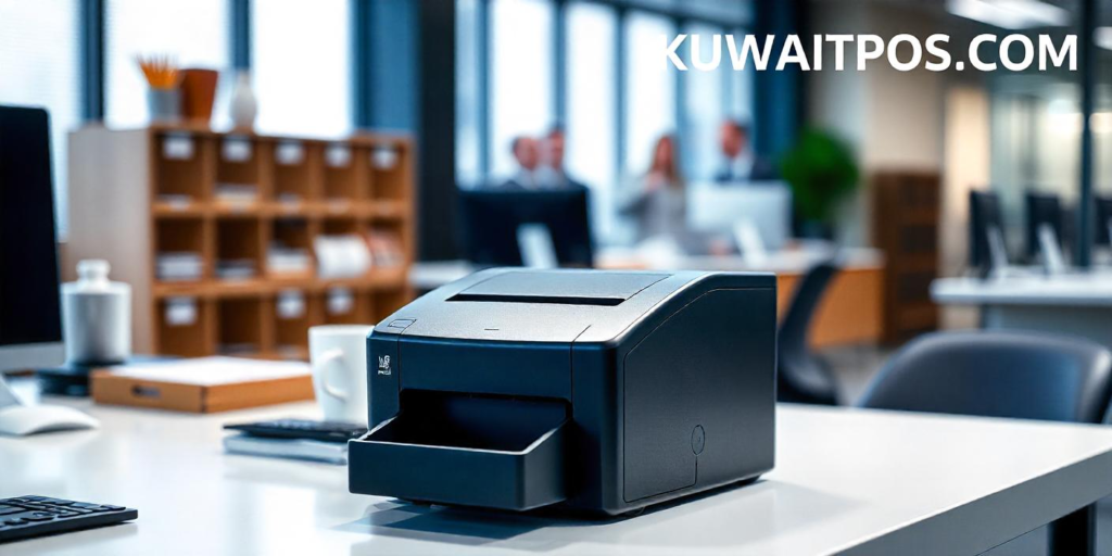 Zebra ZD421T Thermal Transfer Desktop Printer on a modern office desk with "KUWAITPOS.COM" displayed in the top right corner.